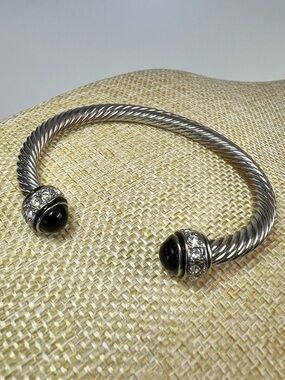 Silver-Tone Twisted Cable Cuff Bracelet with Black Cabochons and Crystal